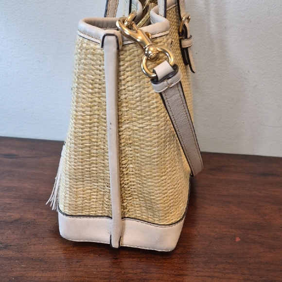 Coach Mollie Tote Straw with Beige Leather Trim and Tassel Crossbody - Picture 6 of 16